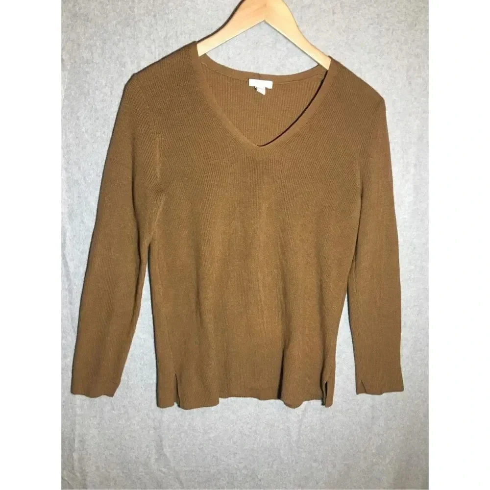 Womens J Jill V Neck Long Sleeve Shirt Sweater Brown Casual Closet Staple